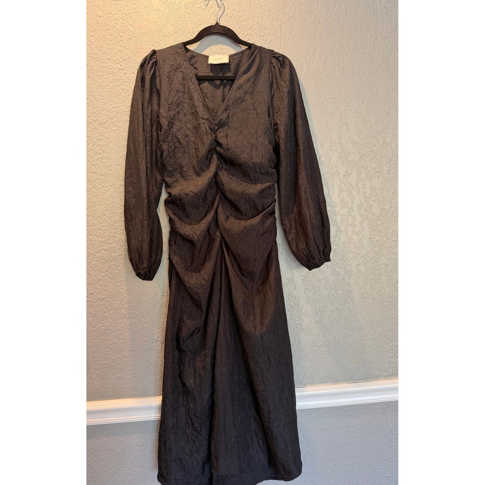 Neo Noir Jess Solid Dress Black Ruched Crinkle Midi V-Neck Puffy Sleeve Size 38